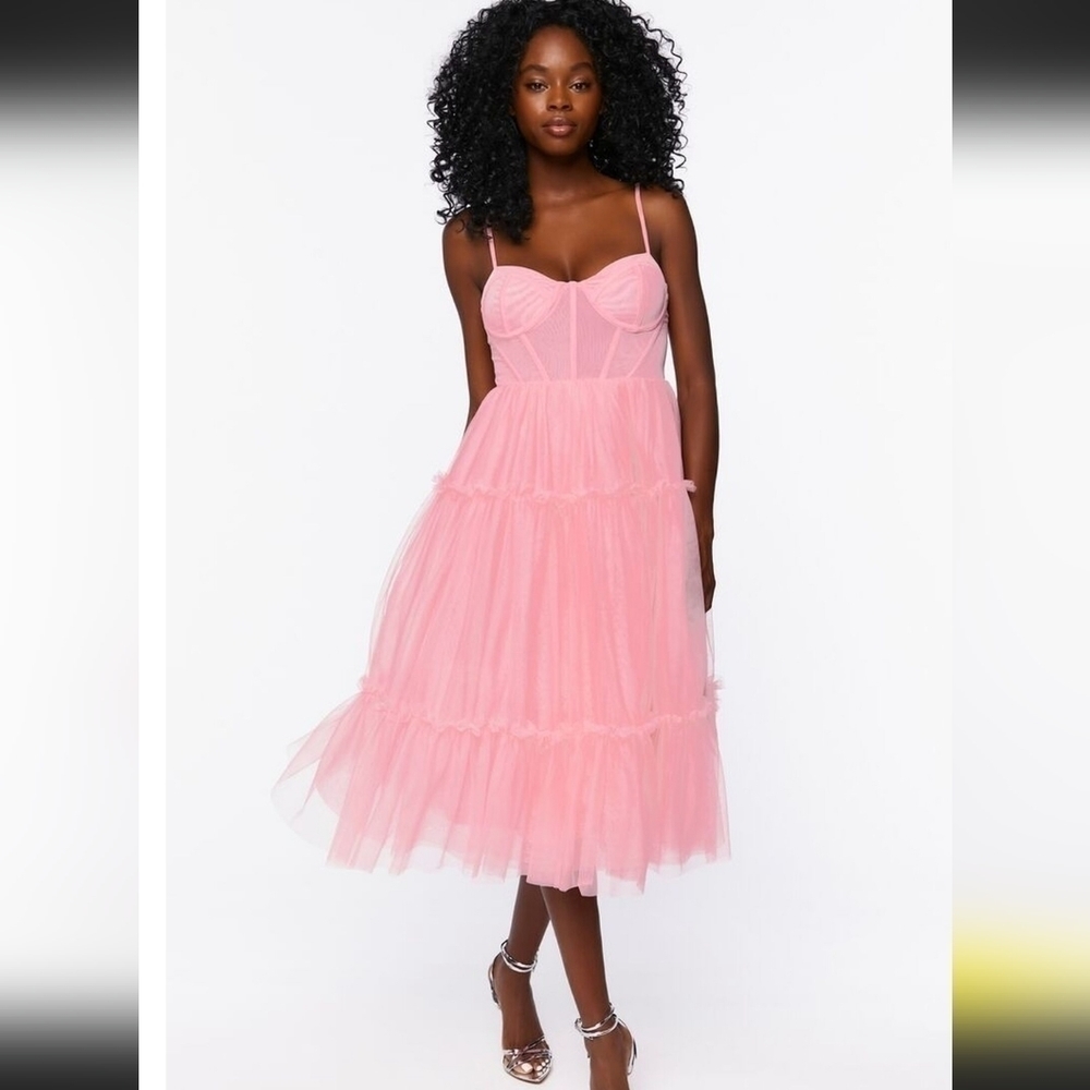 Pink Tulle Ruffled Bustier Midi Dress - Picture 2 of 12